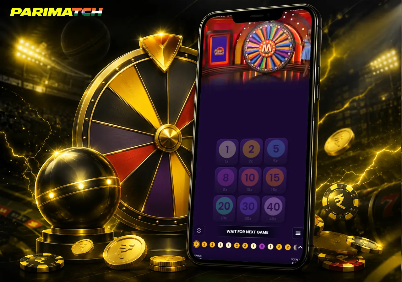 Mega Wheel mobile scene with prize wheel, multipliers and polished gold details