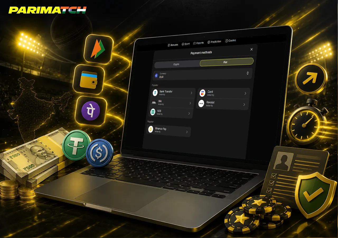 In-app banking on laptop with UPI, crypto options and quick withdrawal indicators